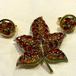 Vintage leaf pin and earrings set.  Orange, yellow and gold.